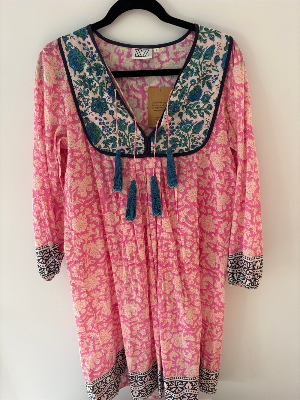 NWT Sezane Pink Floral Dress with Teal Embroidered Yoke and Tassels size